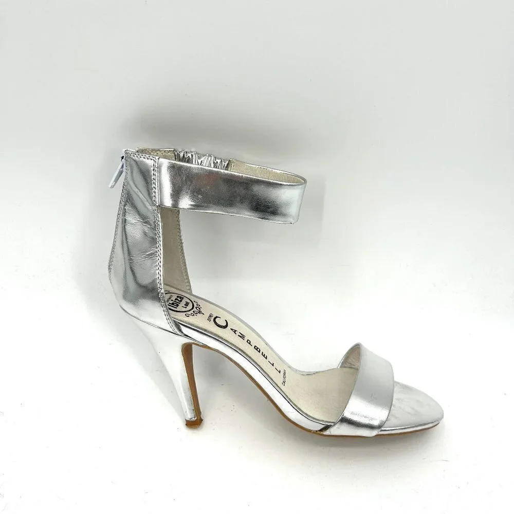 JEFFREY CAMPBELL Handmade Ibiza Silver Metallic Ankle Strap Zip Back Heels 7.5